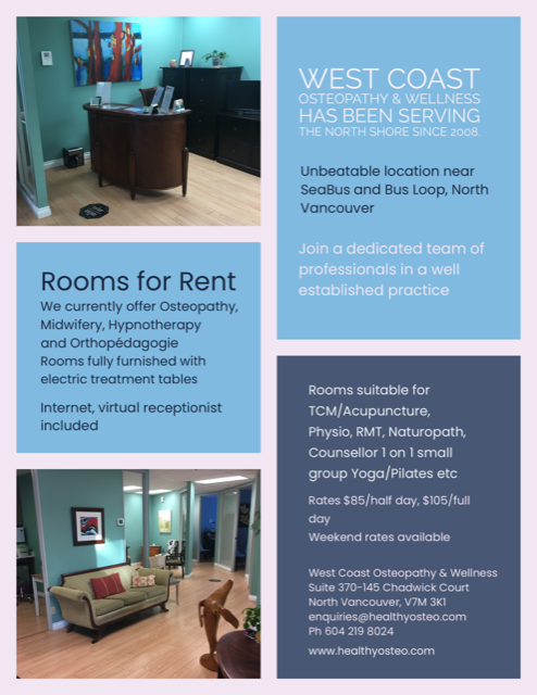 Flyer for room rental at West Coast Osteopathy & Wellness